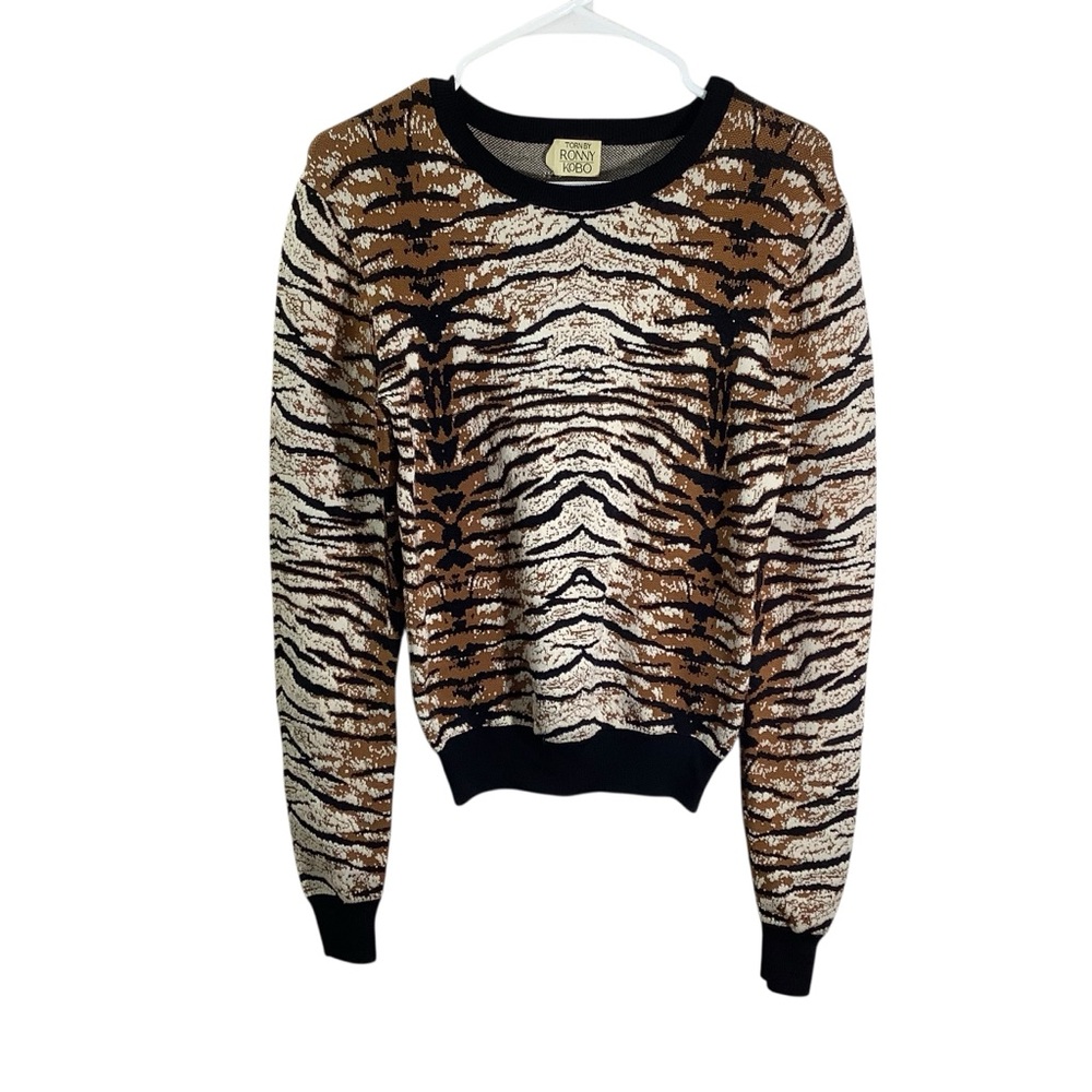 Torn By Ronny Kobo Merino Blend Zebra Print Crew Sweater